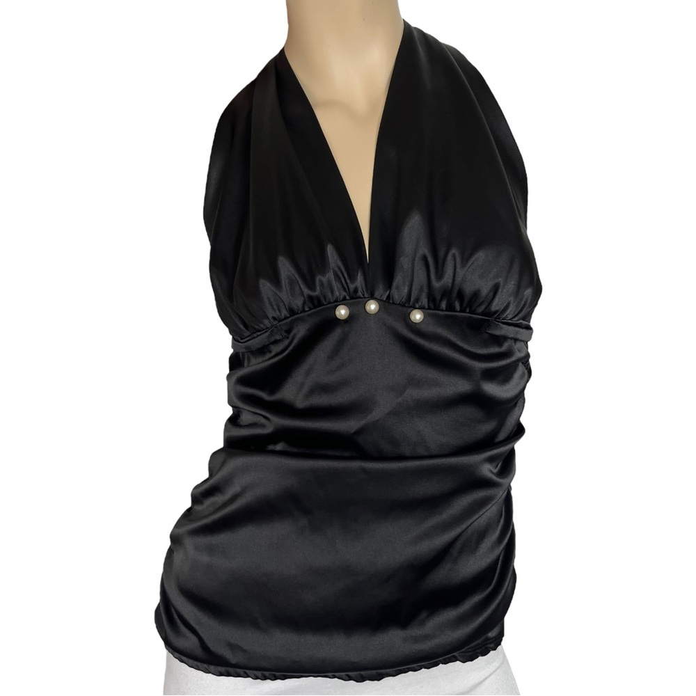 Royalty Bee Darlin Halter Top Black Satin V Neck Ruched Pearl Bead Size Medium
